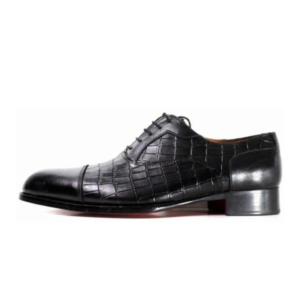 Italian Handmade Men's Shoe / Ali Half Crocodile Printed Black With Red Sole
